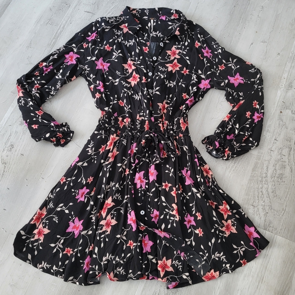 Free People Lighten Up Mini Dress Long Sleeve Shirt Dress Boho Black Size XS